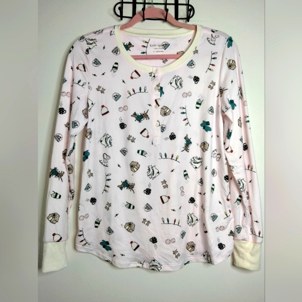 Kate Spade (Size 8) Multicolored Christmas Print 1/4 Button Front LS Pajama Top